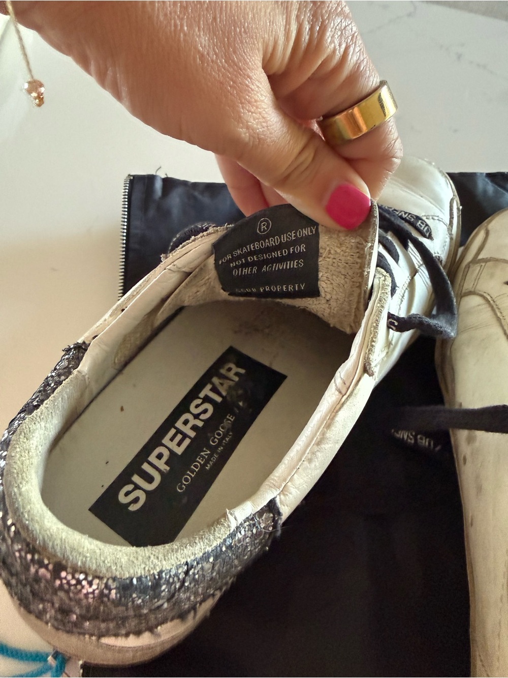 Golden Goose White Leather Sneakers with Black Glitter Heel Tab - Picture 5 of 7